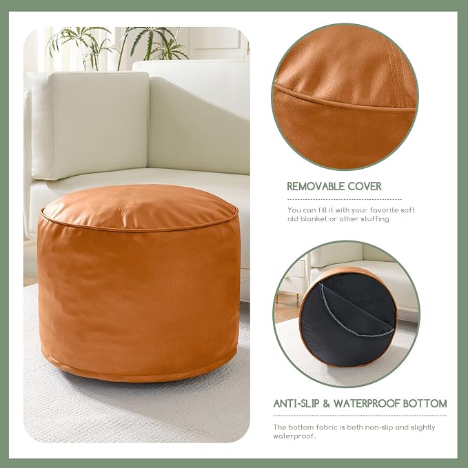 HIGOGOGO Round Stuffed Pouf Ottoman, Pu Leather Poufs - Image 5
