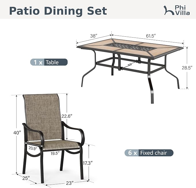 PHI VILLA 7 Piece Outdoor Table and Chairs Set, 6 High Back Fixed Chairs and - Image 9