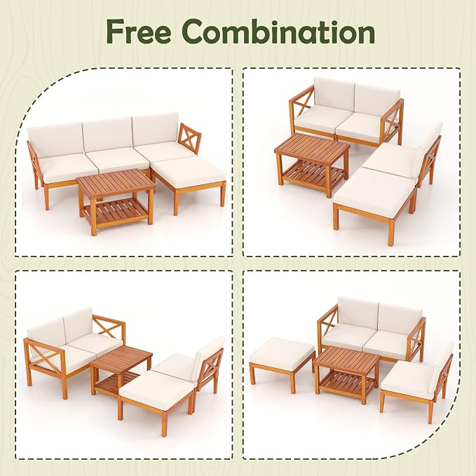 Tangkula L Shaped Outdoor Furniture Set, 5 Pieces Acacia Wood Patio - Image 9