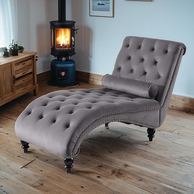 Chaise Lounge Indoor, Velvet Upholstered Lounge Chair Button-Tufted Armless by LinyuanwaiFurniture