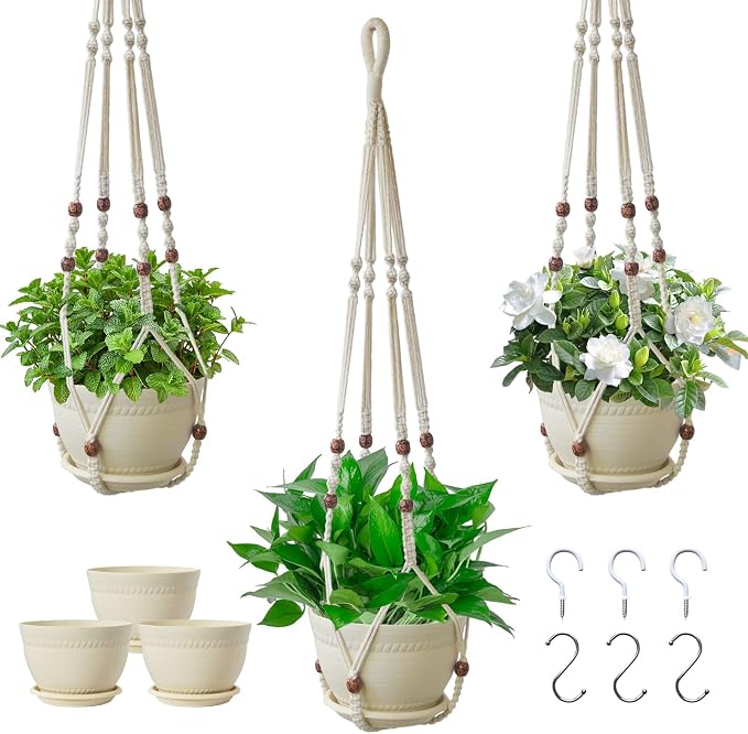 Macrame Plant Hanger with Pot, 3 Set Hanging Planters by Checrxy
