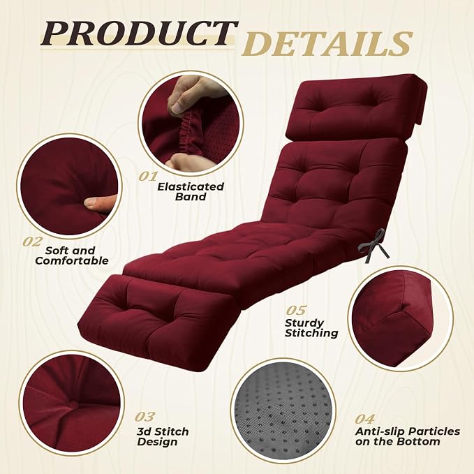 Outdoor Chaise Lounge Cushion Waterproof, 74.4x22x4.7 Inch Oxford Fabric - Image 2