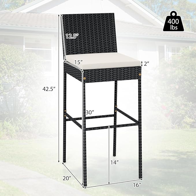 Tangkula Set of 2 Patio Wicker Barstools, Outdoor Bar Height Chair w/Soft Seat - Image 3