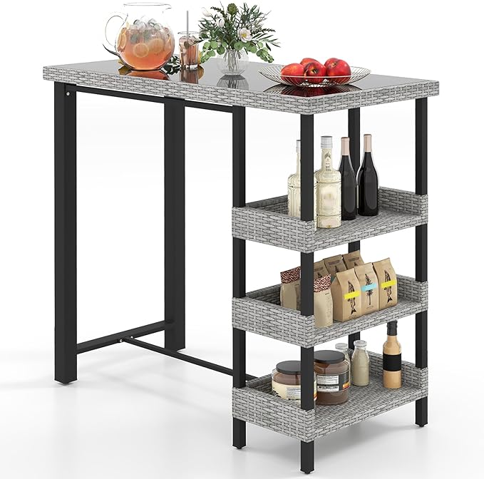 Tangkula 43.5” Outdoor Bar Table, Wicker Bar Height Dining Table w/Tempered by TANGKULA