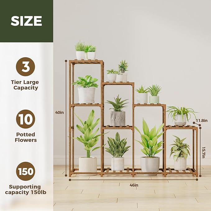 Bamworld Tall Plant Stand Indoor Wood Plant Shelf Outdoor Tiered Plant Rack - Image 6