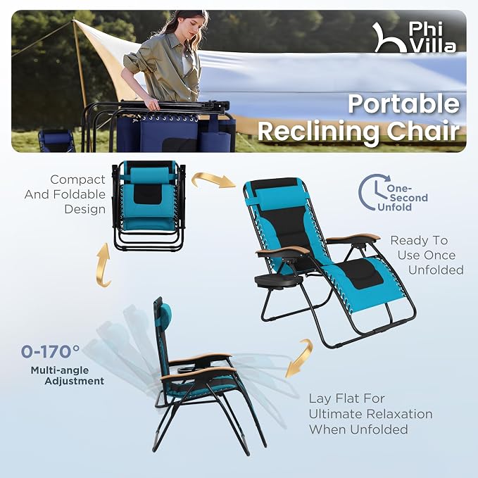PHI VILLA XXL Oversized Padded Zero Gravity Chair Set of 2, Foldable Patio - Image 9
