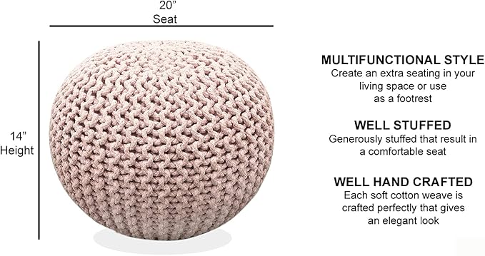 FRELISH DECOR Round Pouf Ottoman Hand Knitted 100% Cotton Pouf Foot Stool - Image 3