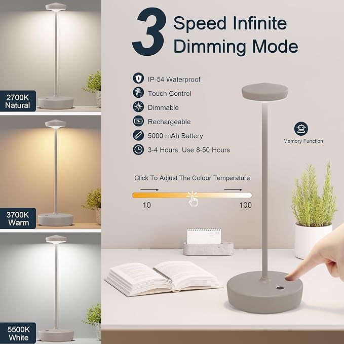 Cordless Rechargeable Table Lamp, LED Portable Touch 5000mAh Battery Operated - Image 2