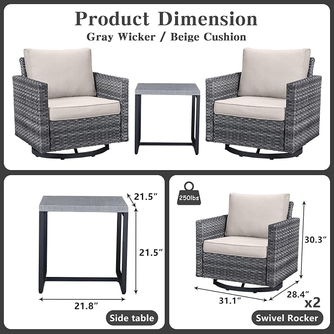 Belord Outdoor Bistro Set 3 Piece Wicker Swivel Rocker Patio Chairs, Oversize - Image 3