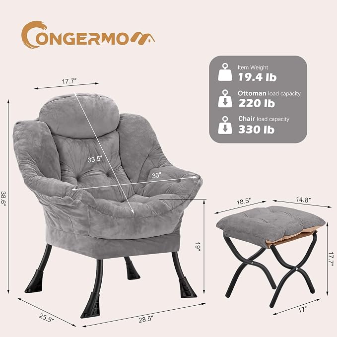 Lazy Chair with Folding Ottoman, Leisure Sofa Chair, Soft Fabric Armchair with - Image 3