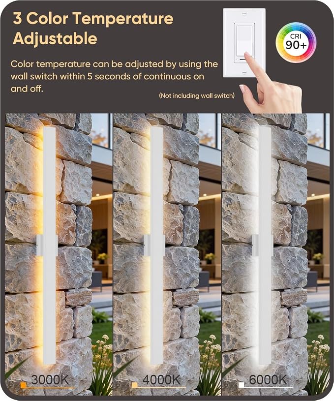 Aipsun 2 Packs Outdoor Wall Sconce, 3000K 4000K 6000K, 47.2in Modern White - Image 4