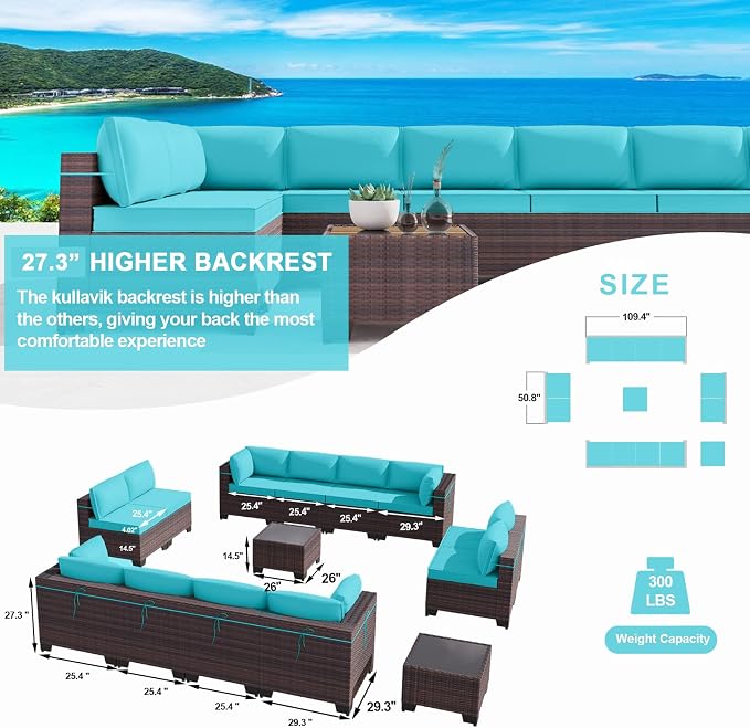 Kullavik 14 Pieces Outdoor Patio Furniture Set, Sectional Rattan Sofa Set Brown - Image 3
