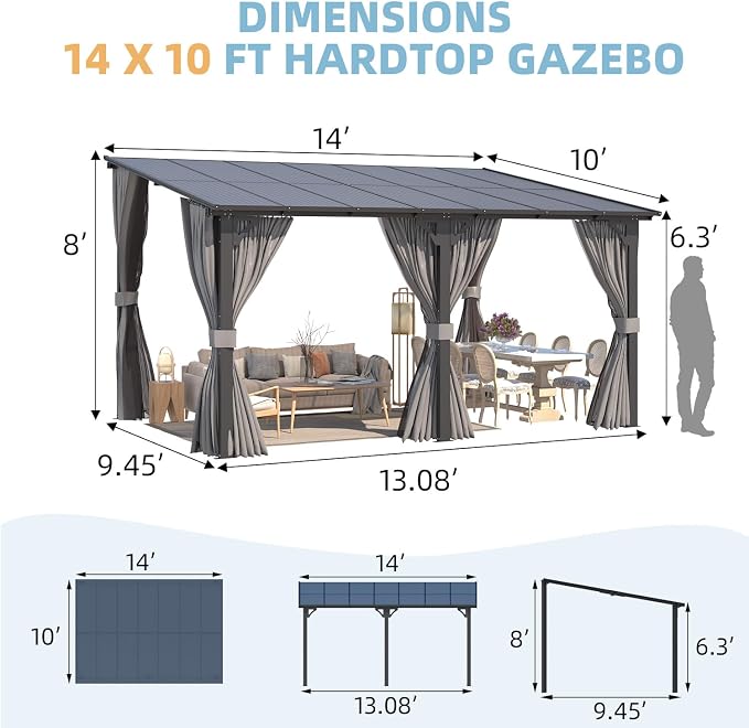 AECOJOY 14' x 10' Gazebo for Patio, Hard Top Lean to Gazebo Pergola - Image 4