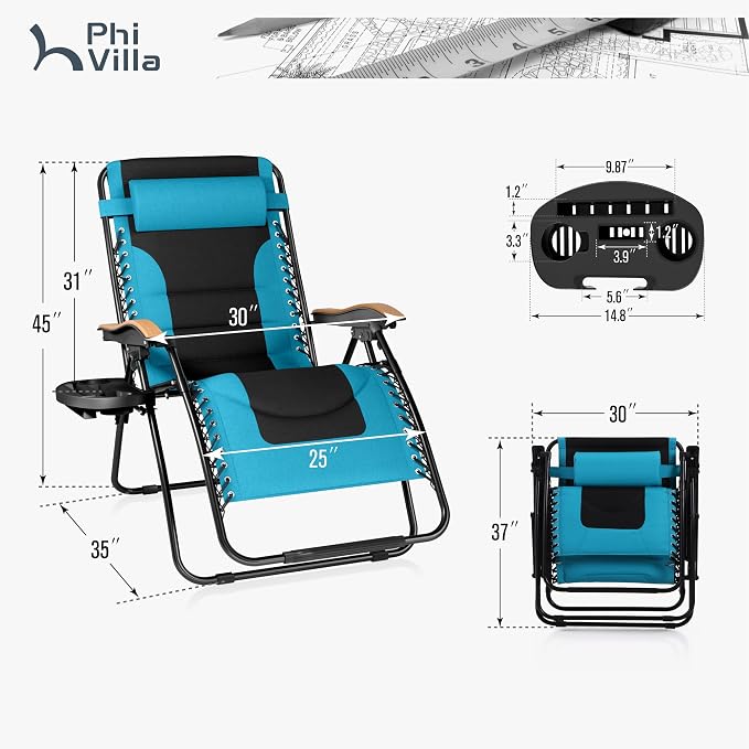 PHI VILLA XXL Oversized Padded Zero Gravity Chair, Foldable Patio Recliner - Image 3