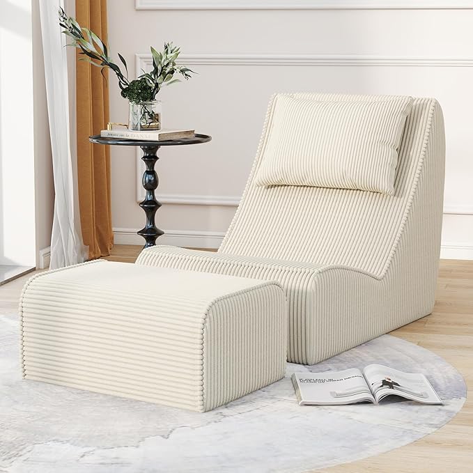 Giant Bean Bag Chair for Adults, Corduroy Chaise Lounge by SnugSofeeFoamSofa