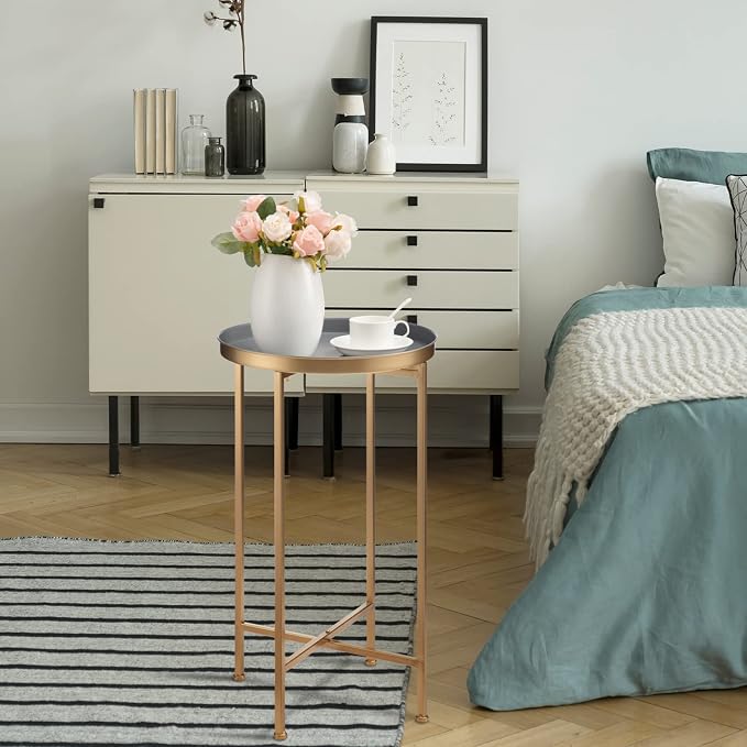 HollyHOME Small Round Metal Waterproof End Table, Accent Indoor&Outdoor Coffee - Image 4