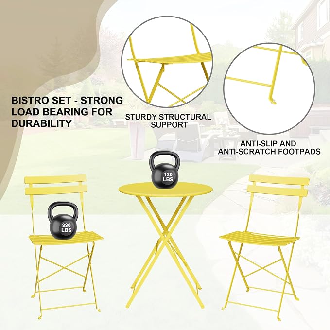 GarveeLife 3-Piece Folding Bistro Set, Foldable Patio Furniture Set - Image 6