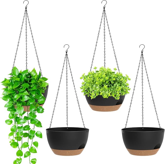 8 Inch Hanging Planters for Indoor Outdoor Plants, 4 Pack Black Brown Plastic by SQKH