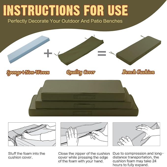 Outdoor Bench Cushion 4 inches Memory Foam Waterproof Patio Furniture Bench - Image 5