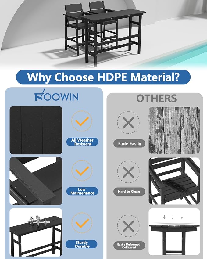 FOOWIN 3 Piece Outdoor Bar Height Table and Chairs, All Weather HDPE Patio Bar - Image 7