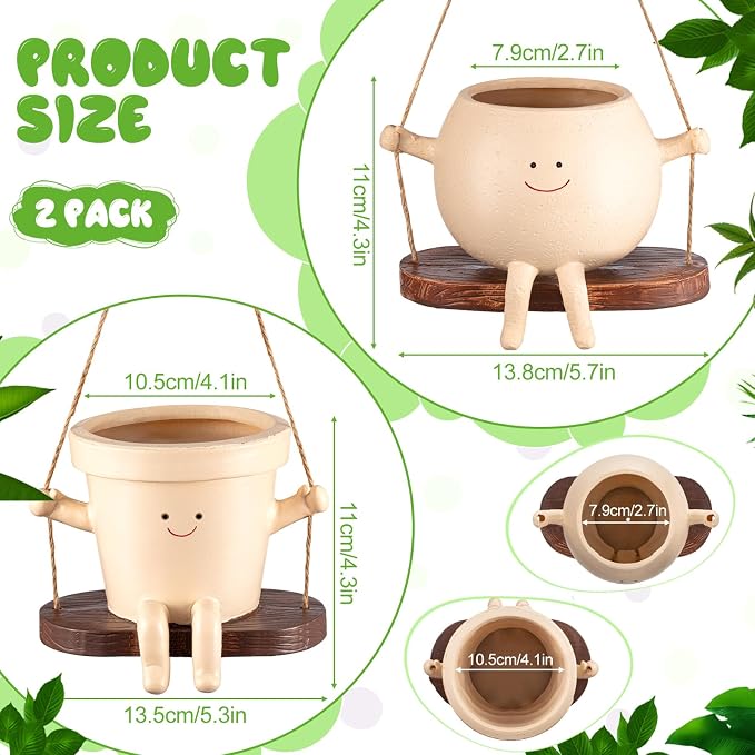 Domensi 2 Pcs Swing Hanging Planter Cute Smile Flower Face Pot Indoor Outdoor - Image 2