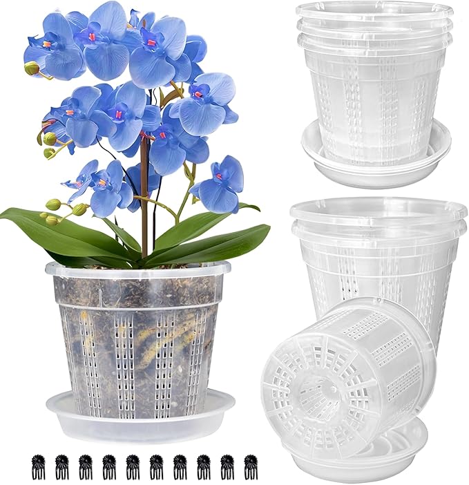 Orchid Pot with Saucers, 6 Packs of 6.1" Orchid Pots with Holes, Orchid Pots by HOLANHING