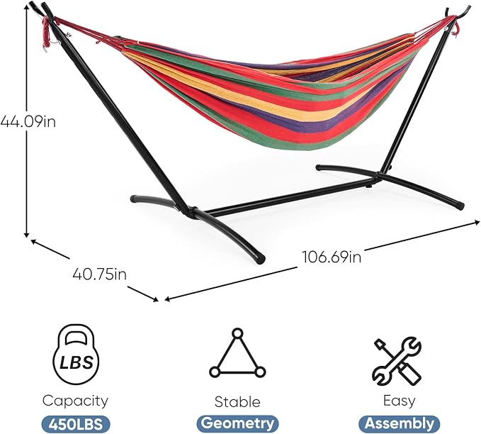DUMOS Double Hammock with Space Saving Stand, Heavy Duty Steel Frame, Portable - Image 3