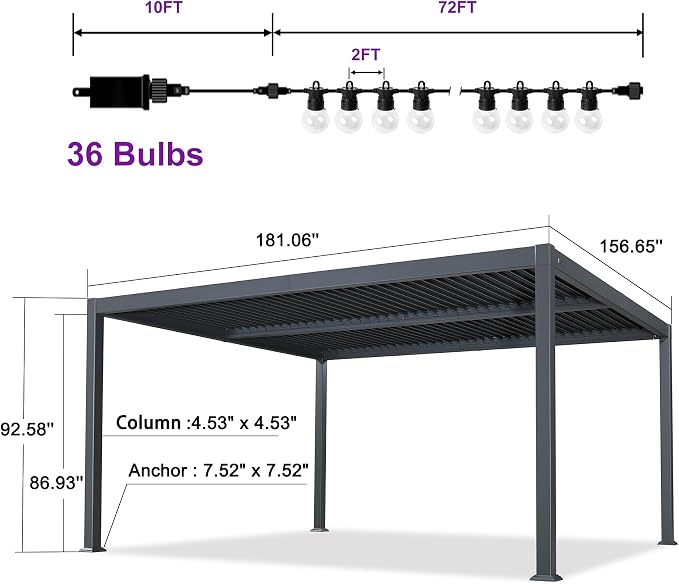 PURPLE LEAF Louvered Pergola w/Light 13' x 15' Aluminum Outdoor Pergola - Image 9