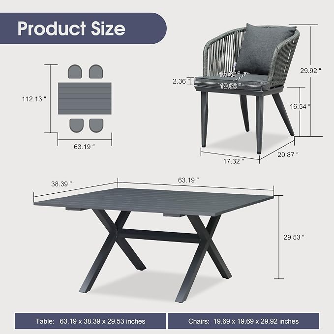 PURPLE LEAF 5 Pieces Patio Dining Set Wicker Outdoor Furniture Rectangular - Image 8