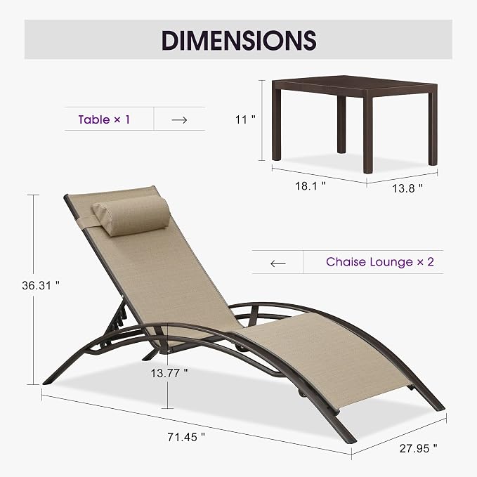 PURPLE LEAF Outdoor Oversized Chaise Lounge Chair Set of 3 Patio Pool Lounger - Image 3