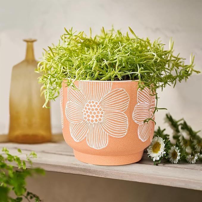 YBX 8 Inch + 6 Inch White Flower Pattern Plant Pots, Sand Glazed Ceramic Planter - Image 4