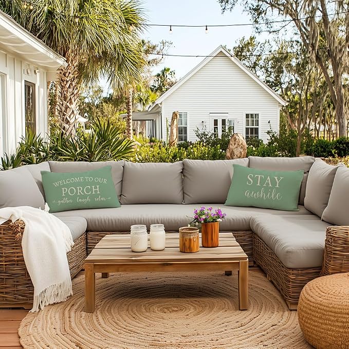 PANDICORN Welcome to Our Porch Stay Awhile Eucalyptus Green Outdoor Farmhouse - Image 3