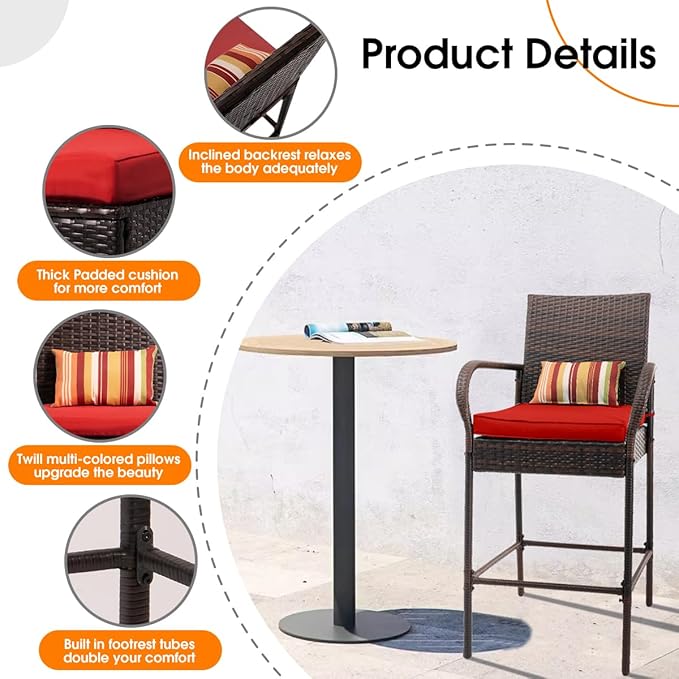 Sundale Outdoor Wicker Bar Stool Set of 4, Patio Counter Height Pub Chair - Image 5