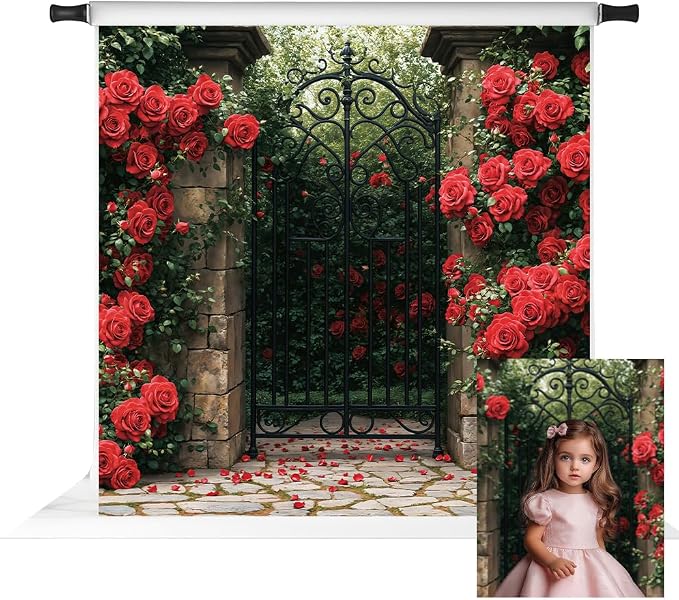Kate Valentine's Day Gate Backdrop Valentine Red Roses Garden Background by KateBackdropforPhotography