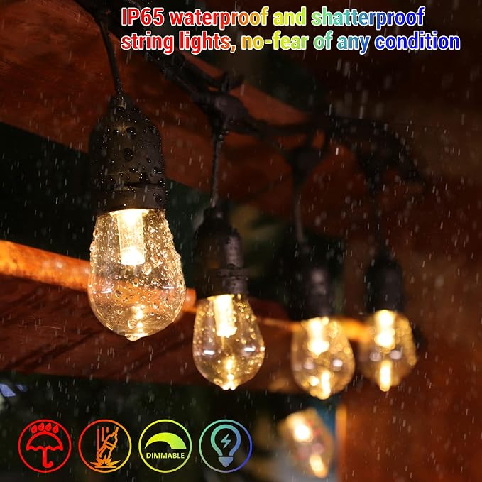 48FT Solar Outdoor RGB String Lights, 15+3 Waterproof Shatterproof LED Bulbs - Image 4
