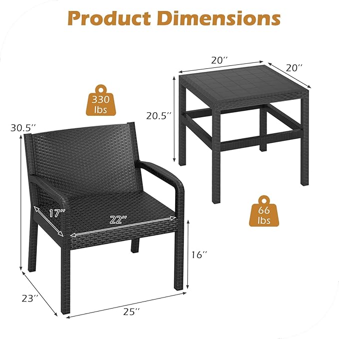 COSTWAY 3 Piece Patio Furniture Set, Outdoor PP Rattan Wicker Furniture Set - Image 4