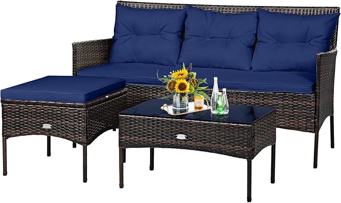 Tangkula 3 Pieces Patio Conversation Set, All Weather Outdoor PE Rattan Wicker by TANGKULA
