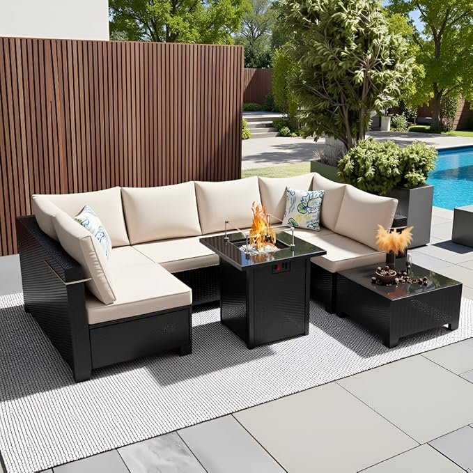 8 Pcs Patio Furniture Set with Fire Pit Table Wicker Outdoor Sectional Sofa by Ophelian