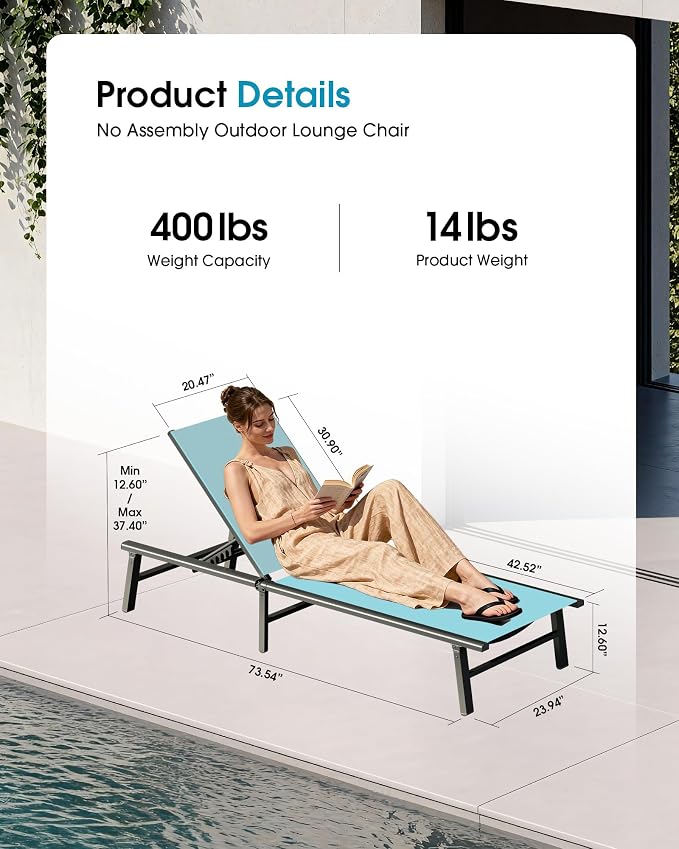 Aluminum Outdoor Lounge Chairs Set of 2- No Assembly Needed, Foldable Patio - Image 2