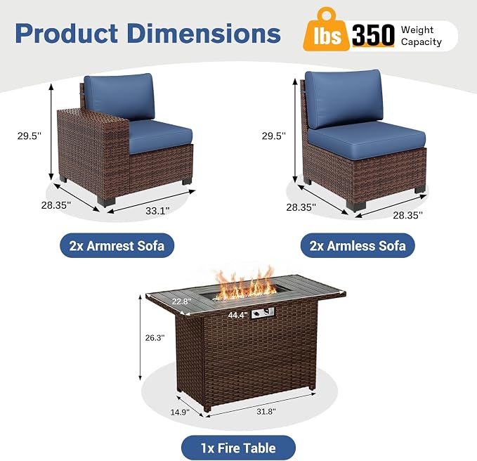 5 Piece Patio with Fire Pit Table, Wide Armrest Modular Outdoor Conversation - Image 3