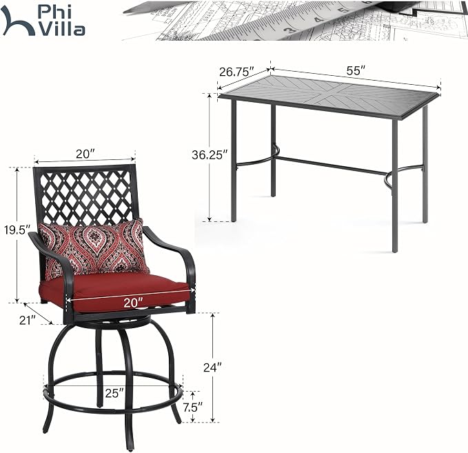 PHI VILLA Patio Bar set for 4, Outdoor Swivel Bar Chairs - Image 7