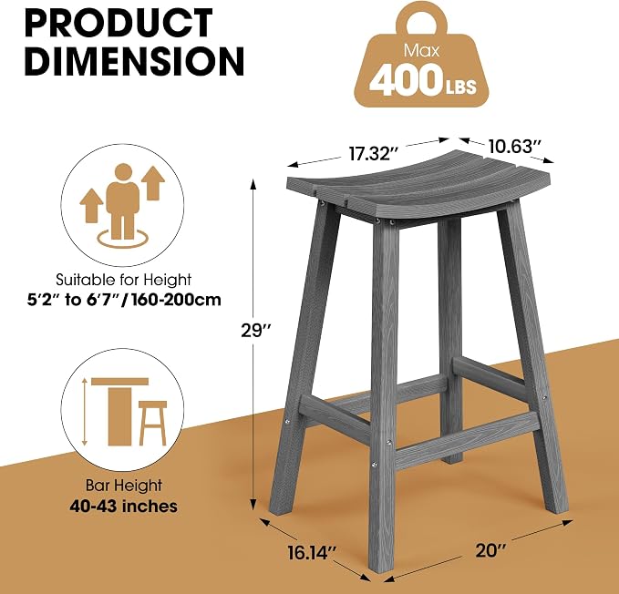 Ciokea 2 Set 29" Outdoor Bar Stools Heavy Duty HDPE Outdoor Stools Weatherproof - Image 2