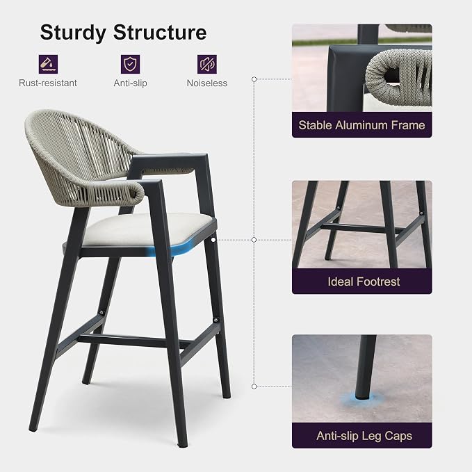 PURPLE LEAF Outdoor Bar Height Bar Stool Set of 2 Rattan Bar Chair - Image 7