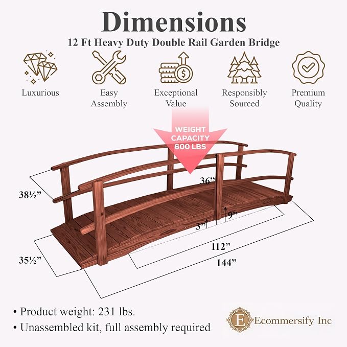 12 FT MAHOGANY Amish Made Garden Bridge - Image 2
