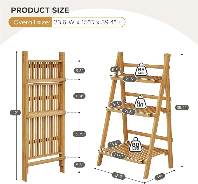 39.4" Foldable Plant Shelf Ladder Shelf, 3 Tier Bamboo Ladder Flower Pot - Image 3