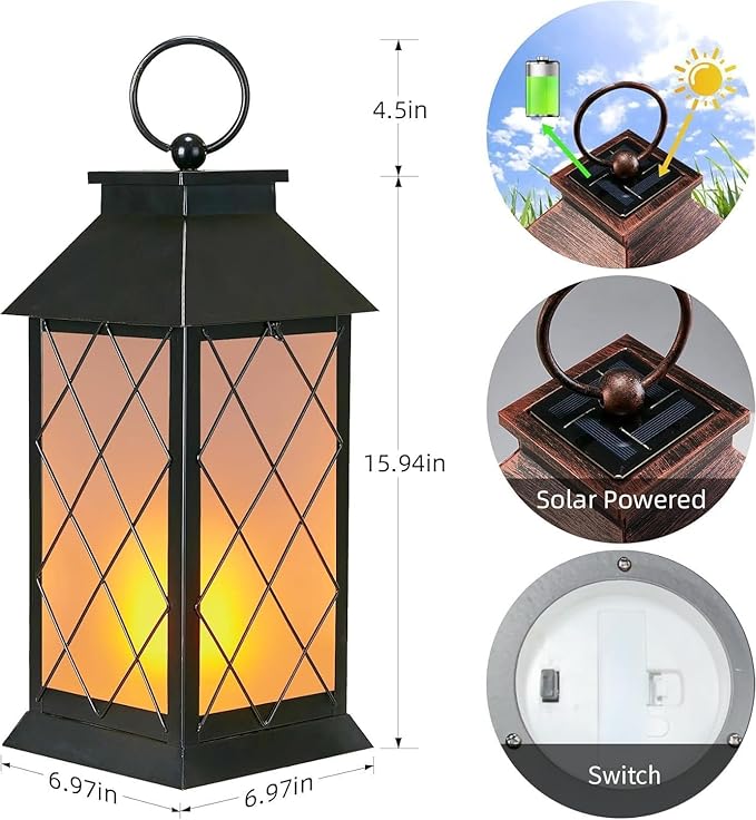 18" Solar Lanterns Outdoor Waterproof, Glass Solar Flickering Flame Lantern - Image 4