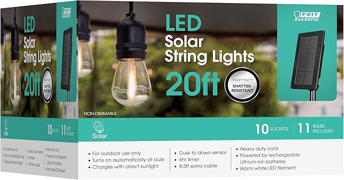 Feit Electric LED Solar Powered String Lights, Dusk-to-Dawn Sensor, 20ft - Image 3