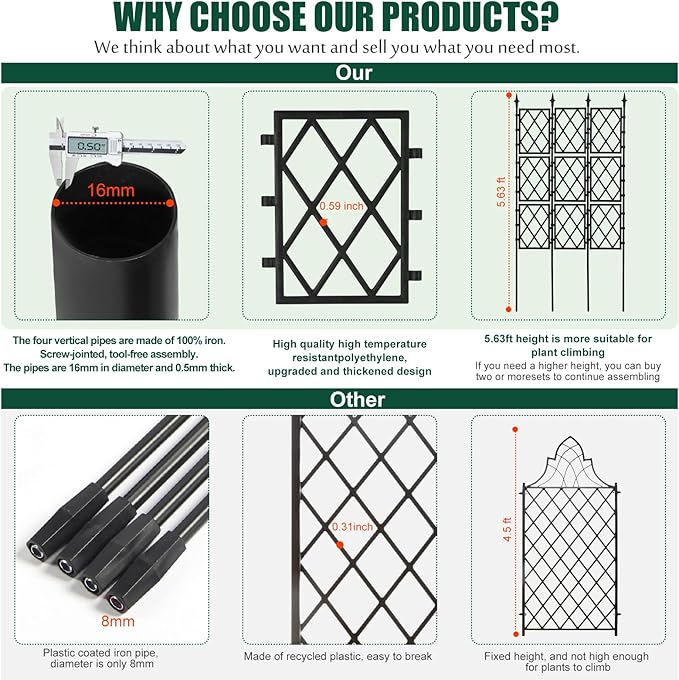 Garden Trellis for Climbing Plants Outdoor 5.25 FT, Iron Pipe Metal Support - Image 3