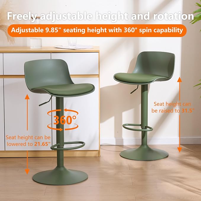 Kidol & Shellder Bar Stools Set of 2 Olive Green Adjustable Swivel Counter - Image 6
