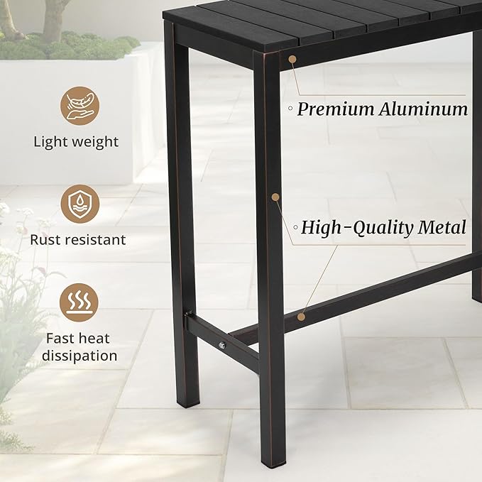 Outdoor Bar Height Table and Chairs Set, 3 Piece Black Top and Bronze Leg Patio - Image 5